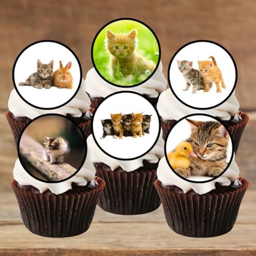 Kittens Edible Cupcake Toppers, Cat Birthday Decorations for Cakes and Cookies Edible Cake Decorations for Cat Birthday Party Fun - Kitty Toppers 48 x 3cm / 1.18 Inch