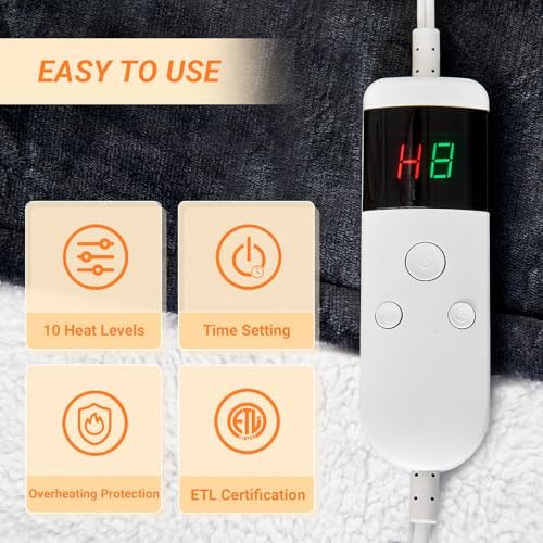Electric Blanket Heated Throw, Soft Flannel 50"x60" Heating Blanket with 8 Hours Auto Off 10 Fast Heating Levels Machine Washable Sherpa Heated Blanket with Overheating Protection