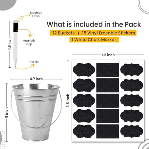 Galvanized Metal Bucket with Handle 12 Pcs- Metal Buckets for Party, Tin Buckets with erasable Stickers and Chalk Marker Silver Bucket 4.7" W x 5" H x 2.7" L