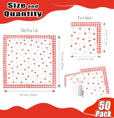 HEIPINIUYE 50 Pieces Valentine Cocktail Napkins Disposable 3-ply White and Red Heart Valentines Gingham Paper Dessert Napkins for Wedding Valentine's Day Love Party Checkered Dinner Napkin