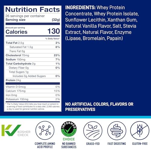 LeanFit WHEY Protein Natural Vanilla – 100% Whey Protein Powder, 24g Protein Per Serving – Grass-Fed, Gluten-Free, Low Carb, BCAAs, Amino Acid – 23 Servings, 1.83 Pound Tub