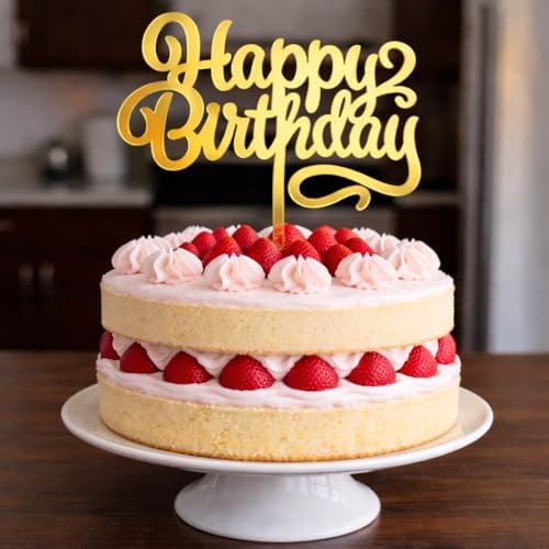 Gold Acrylic “Happy Birthday” Cake Topper – 5 Inch Reusable Birthday Cake Decoration in 3 Font Styles | Mirror Gold Acrylic Cake Topper for Kids, Adults & All Birthday Celebrations (Script Font)