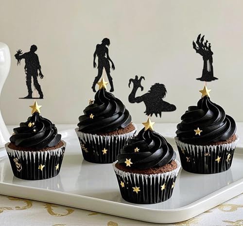 24Pcs Halloween Zombie Cupcake Topper - Zombie Birthday Party Decorations - Horror Halloween theme Birthday Baby Shower Decorations Black