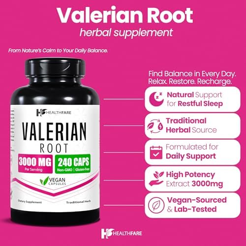 Healthfare Valerian Root Capsules | 3000mg High Potency Extract | 240 Vegan Pills | Herbal Supplement for Relaxation & Sleep Support | Non-GMO, Gluten-Free, Made in USA