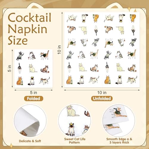 Frienda 60 Pcs Sweet Cat Life Cocktail Napkins 5 x 5 Inch Disposable Beverage Paper Napkins Decorative Dinner Decor for Baby Shower Birthday Home Table Party Supplies