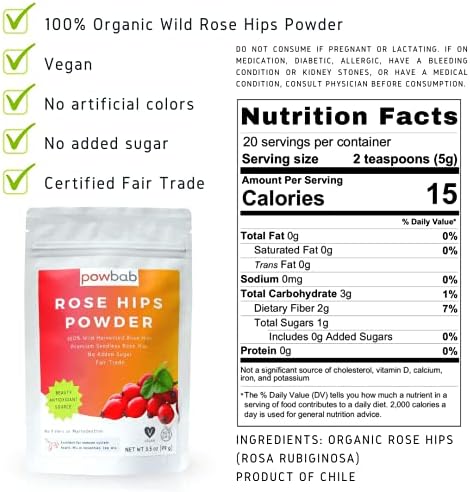 powbab Rose Hips Powder from 100% Wild Organic Rosehip. Premium Rosa Rubiginosa. Seedless Ground Rosehips from Whole Dried Rose Hips. No Added Sugar. Fair Trade (3.5 oz)
