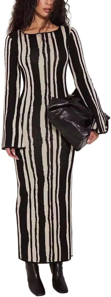 chouyatou Women's Elegant Long Sleeve Sweater Maxi Dress Sexy Stretchy Bodycon Striped Pullover Knit Sweater Dress