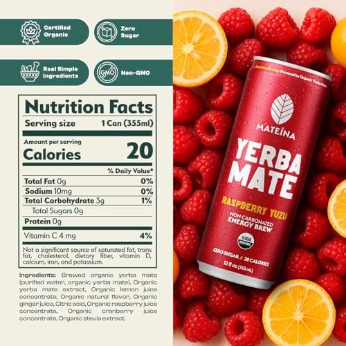 Mateina Yerba Mate Zero Sugar Energy Drink – 120mg Natural Caffeine – Organic, Non-GMO, Non-Carbonated – Dr. Andrew Huberman Recommended – (12 fl oz Cans, 12 Pack) Raspberry Yuzu