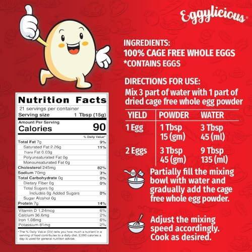 Eggylicious | Cage Free Whole Egg Powder - 11 oz (312 g) | Powdered Eggs Made in USA from Humanely-Raised, Cage-Free & Pasture Raised Eggs | Ideal for Scrambled Eggs, Baking, Pasta & Custard