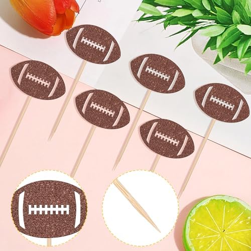 36 PCS American Football Cupcake Toppers - Brown Glitter Rugby Ball Picks and Player Decorations for Football Theme Baby Shower, Kids Birthday Party Cake Supplies