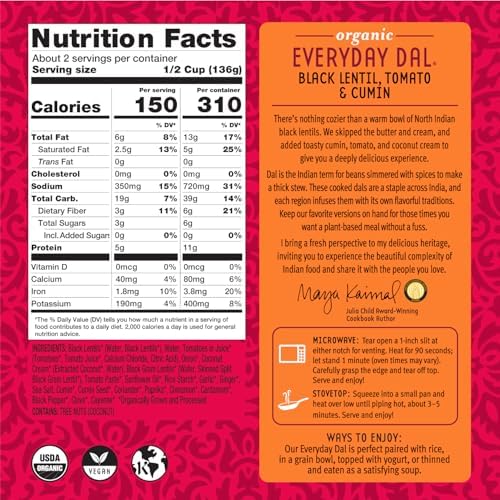 Maya Kaimal Foods - Organic Indian Everyday Dal - Black Lentil 10oz - Fully Cooked with Tomato and Cumin - Vegan - Microwavable - Ready to Eat Meals - Pack of 1