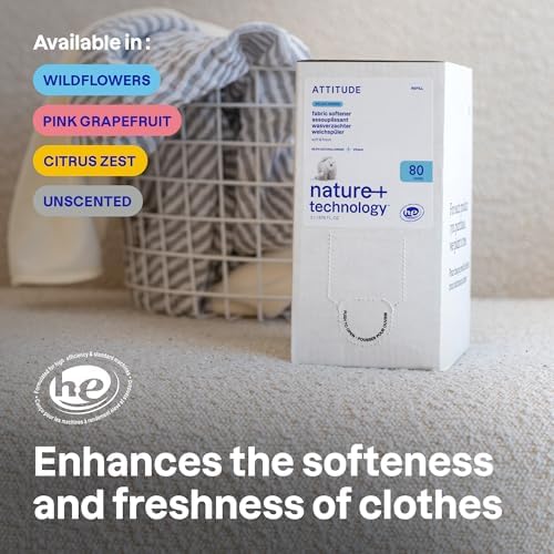ATTITUDE Liquid Fabric Softener Refill, Plant-Based & Vegan, HE Compatible, Naturally Derived, Wildflowers Scent, 80 Loads, 67.6 Fl Oz