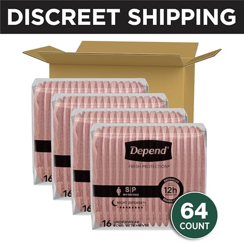 Depend Night Defense Adult Diapers, Incontinence & Postpartum Bladder Leak Underwear for Women, Disposable, Overnight, Small, Blush, 64 Count (4 Packs of 16), Packaging May Vary
