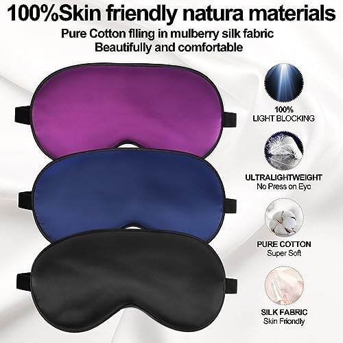 Sleep Mask, Silk Eye Mask for Sleeping with Adjustable Strap, Blindfold Eyeshade for Men & Women, Comfortable & Soft Eye Cover Eyeshade for Night Sleep (Black, Blue, Purple)