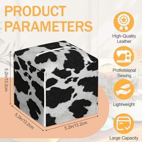 Black White Cow Print Leather 2 Pcs Tissue Box Cover Square Leather Tissue Case Holder Facial Paper Organizer Decorative for Bathroom Kitchen Car Office Home Decor