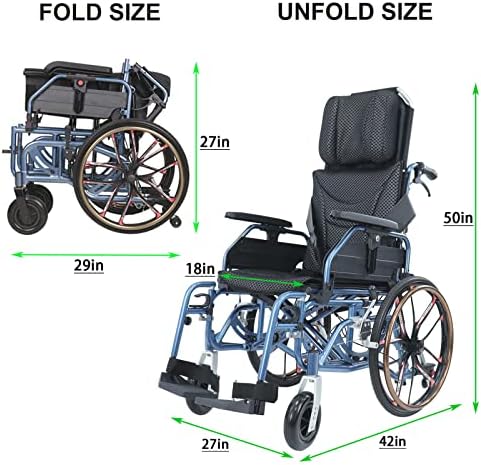 Folding Reclining Wheelchair 20" Rear Wheels and Elevating Legrests and 18" Seat Width 220 lbs Black