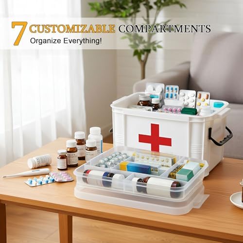 15QT Clear Medicine Organizer Box with Handle, Plastic Medicine Container with Tray First Aid Box Empty, Thickened Medicine Storage Organizer Multipurpose Medication Organizer Storage, White