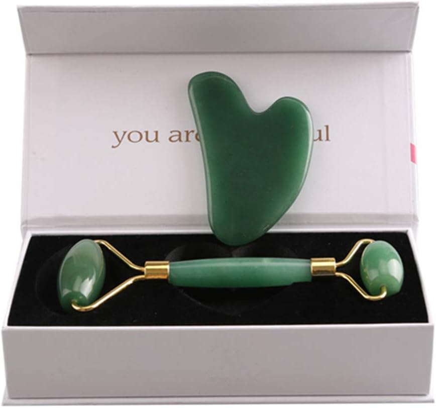 Jade Roller Facial Massager 100% Natural Jade Facial Rolling Stone and Gua Sha Scraping Tool Set Slimming Skin Therapy Slimming Tool