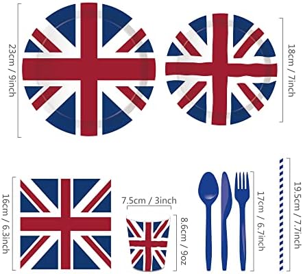 141 PCS British Flag Party Supplies Tableware Set Union Jack Party Supplies Union Jack Tableware Including Union Jack Paper Plates Dessert Plates Cups Napkins Disposable knives spoons straws,Serves 16