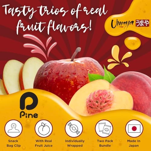 Umaya Premium Japanese Hard Candy 2 Pk - Apple Trio - Jonagold, Kiou, Fuji - Peach Trio - White, Yellow, Nectarine - 2.6oz Each with Snack Clip - Real Fruit Flavor Candies Product of Japan