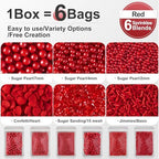HUEBEATY® 6-in-1 Valentines Red Sprinkles for Cake Decorating - 180g Red Heart Shaped Confetti Sprinkles, Edible Sugar Pearls, Sanding Sugar & Jimmies, Grinch Christmas & Valentines Sprinkles for Cookies, Cupcakes Baking