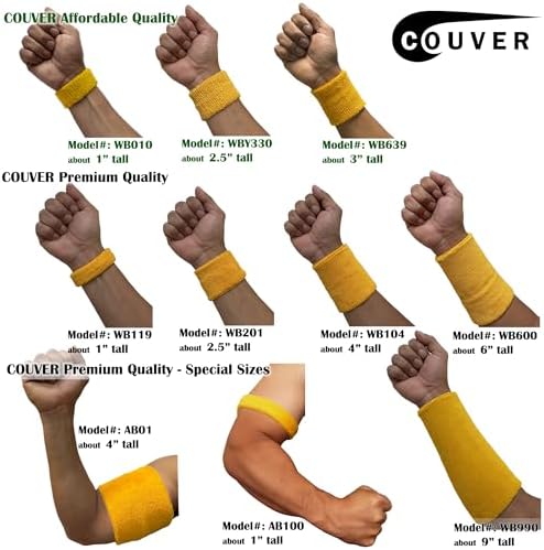 COUVER 4" Tall Wrist Sweatband - Plain Solid Color Soft Cotton Terry Cloth Sport Wristband 1 Pair