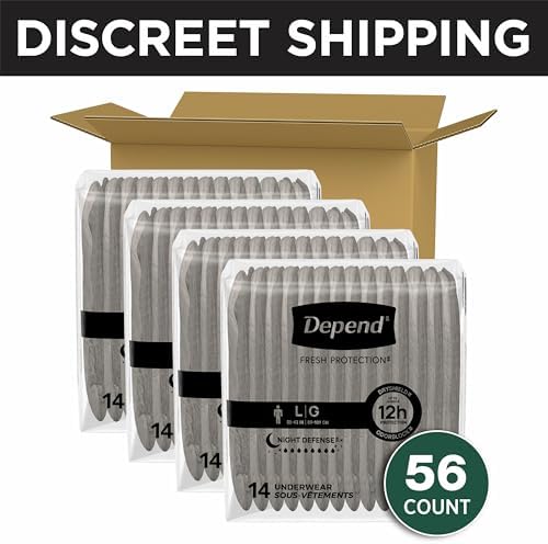 Depend Night Defense Adult Diapers, Incontinence Underwear for Men, Disposable, Overnight, Large, Grey, 56 Count (4 Packs of 14), Packaging May Vary