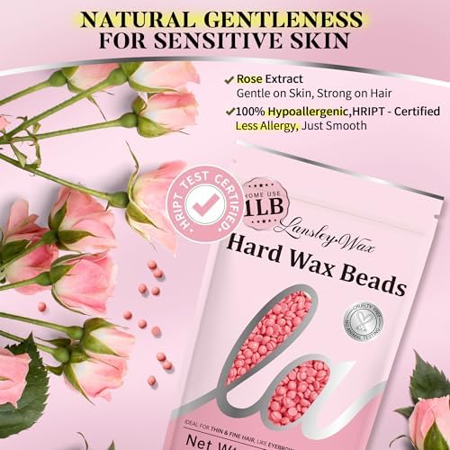 LANSLEYWAX Pink Hard Wax Beads, 1LB Wax Beans for Sensitive Skin & Full-Body Hair Removal, Brazilian/Bikini/Face/Legs/Eyebrow/Armpit/Chest Waxing Refill at Home for Women & Men, Stripless Formula