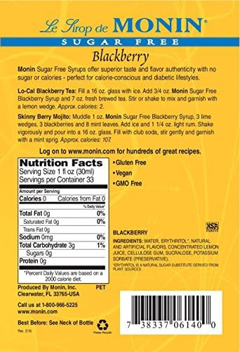 Monin Sugar-Free Blackberry Syrup Plastic Bottle, 1 Liter (33.8 fl oz)