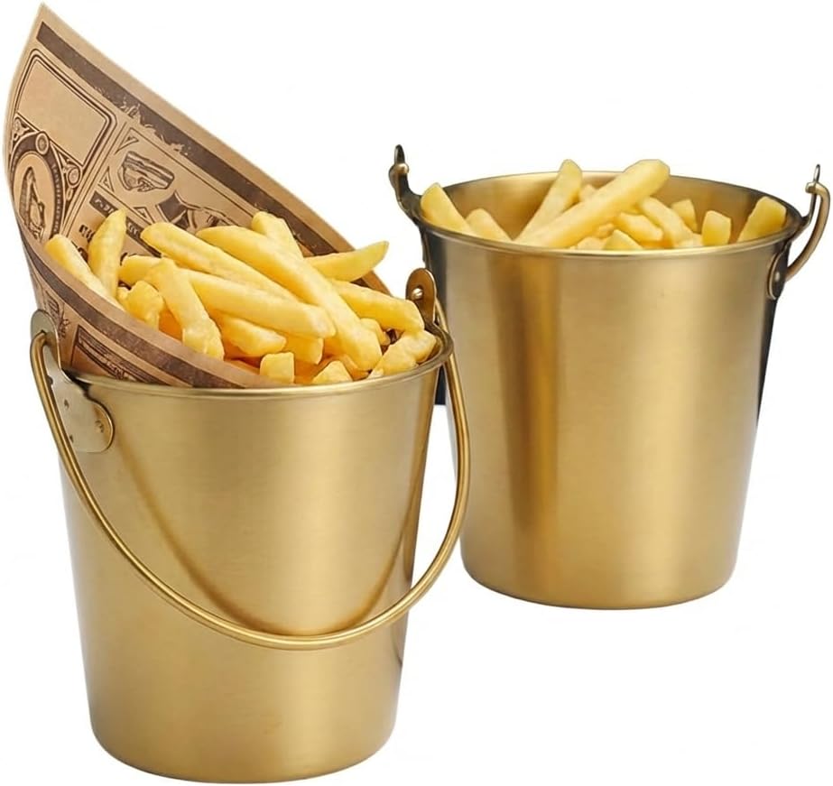 2Pcs Mini Gold Stainless Steel Serving Buckets - 4 Inch Small French Fry Holder & Snack Baskets for Fried Chicken, Candy, Ice Cubes - Elegant Table Decor for Party, Bar & Cocktail (Gold)