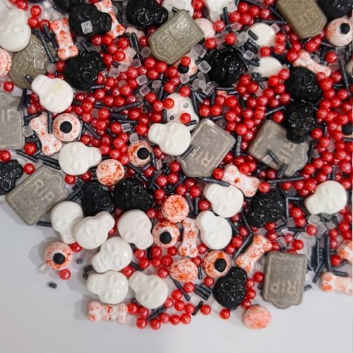 Spooky Halloween Sprinkles - 130g Edible Bloody Eyes, Bones, Tombstones, Skulls & Black/Red Sprinkles for Scary Treats, Cupcakes, Cookies, Graveyard Cake Decorations DIY Party Supplies