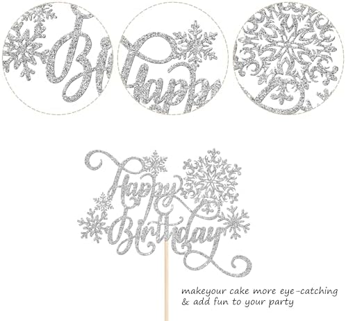Rsstarxi Snowflake Happy Birthday Cake Topper - Silver Glitter Winter Cake Pick for Baby Shower and Snowflake Theme Party Decorations (1 Pack)