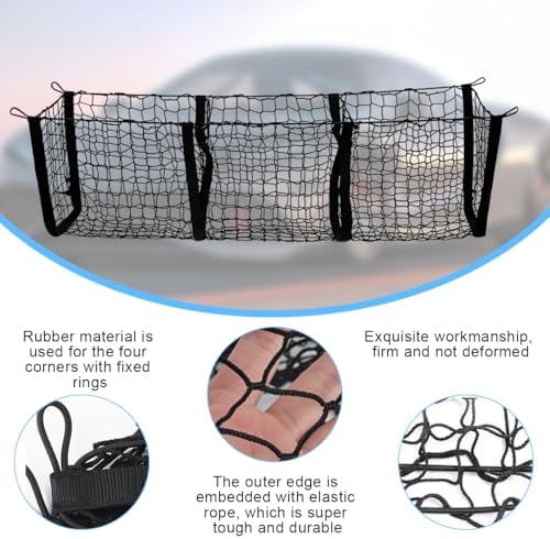 Mandark Car Cargo Net, Highly Elastic 3 Pocket Truck Bed Organizer Mesh with 4 Metal Hook Buckles & Screws, Auto Storage Netting Accessories, Universal for SUV Sedan Pickup (35.43" x 15.75" x 15.75")