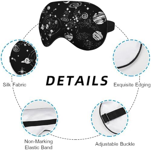 Space Galaxy Sleep Eye Mask Universe Star Moon Planets Constellation Black Silk Eye Mask Sleeping Soft for Men Women Boy Girl Airplane Travel with Elastic Strap