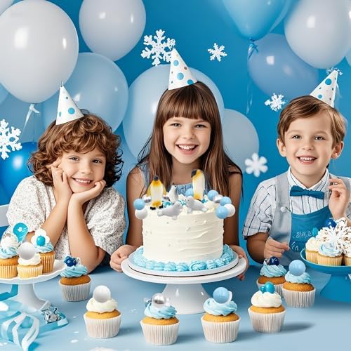 Penguin Cake Decorations Seal Cake Topper Arctic Cupcake Topper Polar Animal Figurines Mini Penguin Themed Cake Toppers Blue White Silver Ball Toppers for Birthday Winter Christmas Party