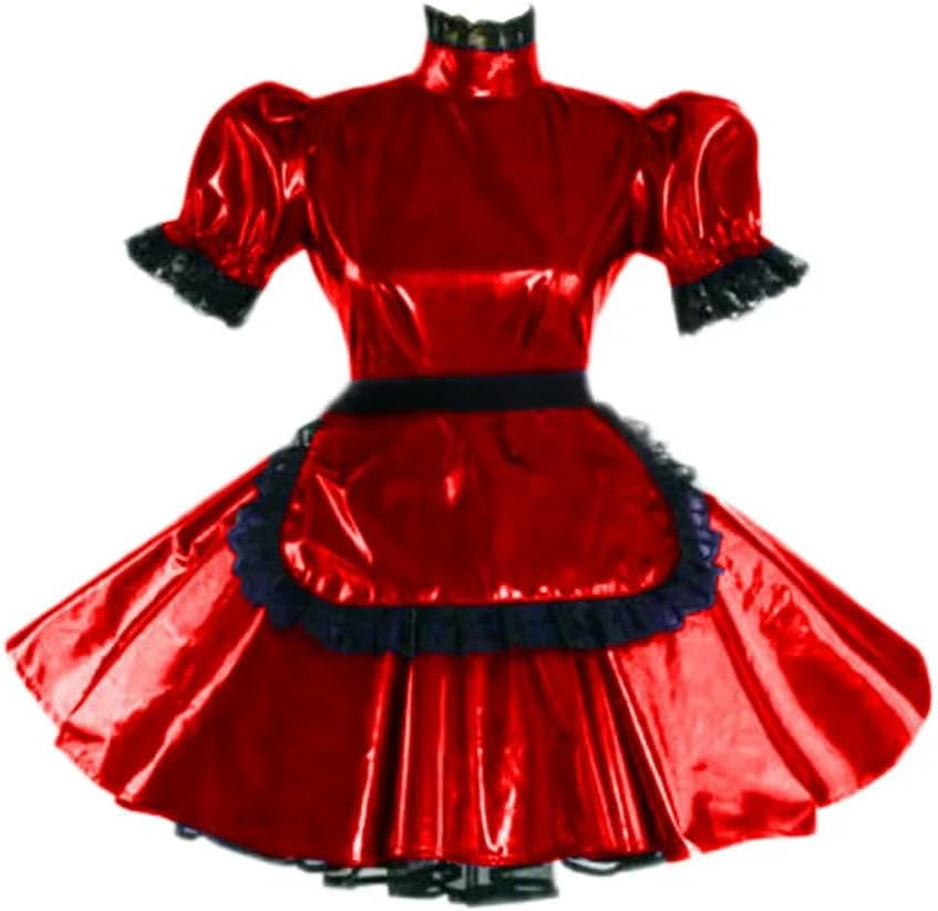 Sissy Lolita Dress Apron Maid Outfit Turtleneck Puff Sleeve Flared Leather Gothic Roleplay Cosplay Party