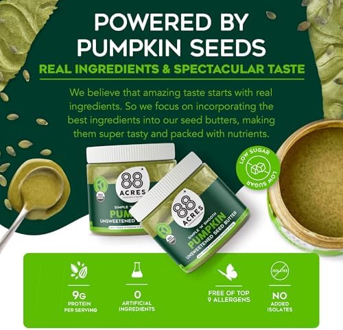 88 Acres Organic Pumpkin Seed Butter, Unsweetened, 14 oz Jar, 2 Pack, Butter Spread with 9g Plant-Based Protein, Gluten Free, Nut Free, Vegan, Non-GMO