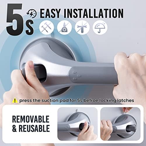 TAILI Shower Grab Bar 2 Pack 16 Inch Suction Grab Bars for Bathtubs & Showers, Heavy Duty Shower Handle Removable Shower Handrails for Elderly and Seniors, No Drilling Waterproof, Silver