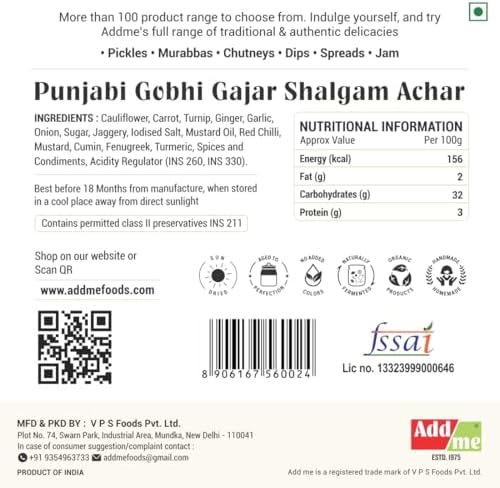 Add me Sweet & Sour Mixed Pickle of Gobhi shalgam gajar Pickle, 600gm Home Made Punjabi North Indian Pickle of Carrot, Cauliflower & Turnip with Onion and Garlic 600 G Glass Pack