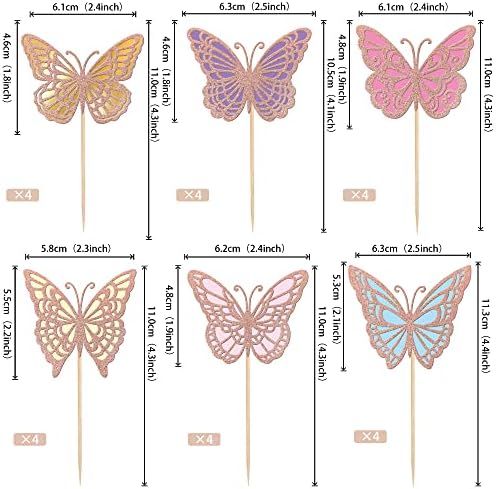 Rsstarxi 24 Pack Butterfly Cupcake Toppers Glitter Double Layers 3D Cupcake Picks Baby Shower Cake Decorations for Wedding Engagement Bridal Shower Birthday Party Supplies
