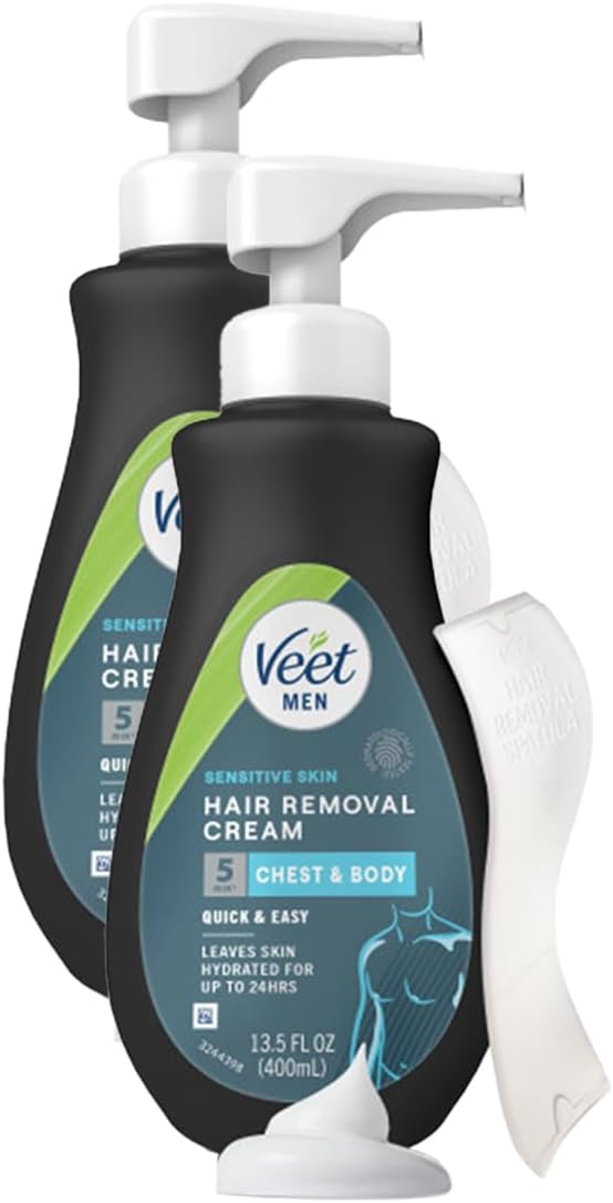 Veet Sensitive Skin Dermatologically Tested 13.5 Fl Oz. 5 Min Men's Hair Removal Gel Cream with Spatula For Body, Chest & Back (2 Pack)