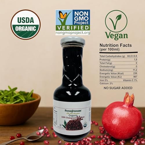 100% Organic Pomegranate Molasses 12.35 Oz Glass Bottle, No Sugar Added, Vegan, NON GMO, Gluten Free and Kosher