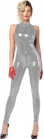 Plus Size Sexy Sleeveless PVC Catsuit Women Zipper to Crotch Bodycon Jumpsuit Cosplay Costume Nightclub Party Uniform,Silver,XXL