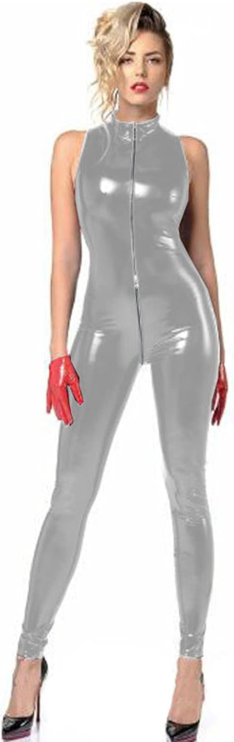 Plus Size Sexy Sleeveless PVC Catsuit Women Zipper to Crotch Bodycon Jumpsuit Cosplay Costume Nightclub Party Uniform,Silver,XXL