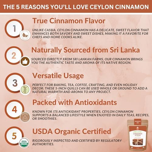 SPICY ORGANIC Ceylon Cinnamon Sticks 16 oz – True Cinnamon Quills from Sri Lanka, 3.5" Premium Ceylon Cinnamon, USDA Certified Organic, Perfect for Recipes, Crafts & Holiday Drinks- Cinnamomum Verum