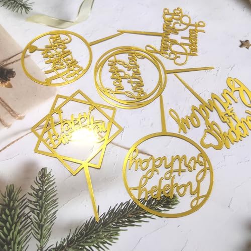 Gold Cake Topper Set Double Sided Glitter Acrylic Happy Birthday Cupcake Toppers Birthday Decorations for Children Adults