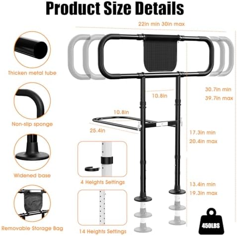 Zelvia Bed Rails for Elderly Adults Safety with Motion Light & Storage Pouch - Retractable & Foldable Bed Handrails Assist Bedrails for Seniors, Surgery Patients & Handicap (Black)