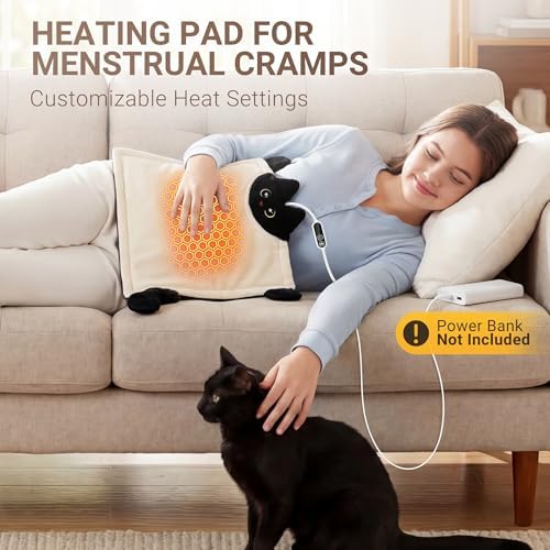 Cute Cat Shape Heating Pad for Period Cramps & Menstrual Pain Relief, 5V 2A USB Fast Heating with 4 Heat Settings & Auto-Off, Portable Electric Corduroy & Plush Warmer for Women & Teen Girls