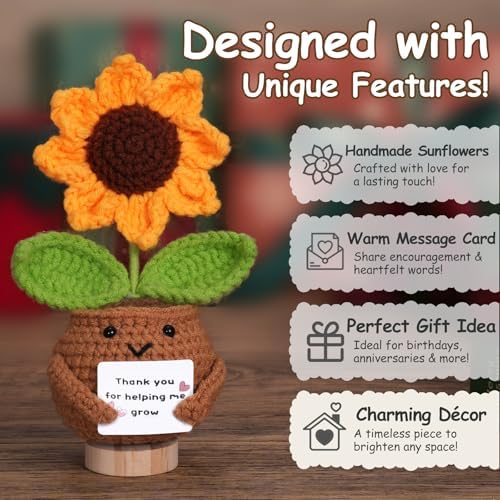 Thank You for Helping Me Grow Gifts for Teacher,Mom,Dad Appreciation Gifts for Women Men, Retirement End of Year Daycare Mentor Tutor Thank You Present, Handmade Crochet Sunflower Desk Decor