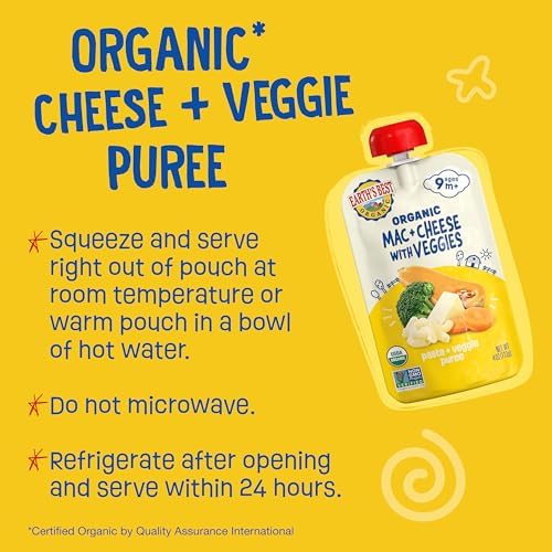 Earth's Best Organic Baby Food Pouches, 9+ Months, Pasta and Vegetable Puree for Babies 9 Months and Up, Organic Mac and Cheese with Veggies, 4 Ounce Resealable Pouch (Pack of 12)